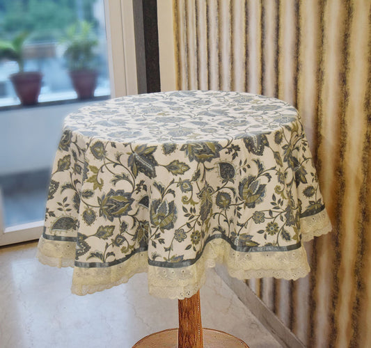 BILBERRY Furnishing By Preeti Grover Printed 4 Seater Table Cover (White & Grey, Cotton, Linen)