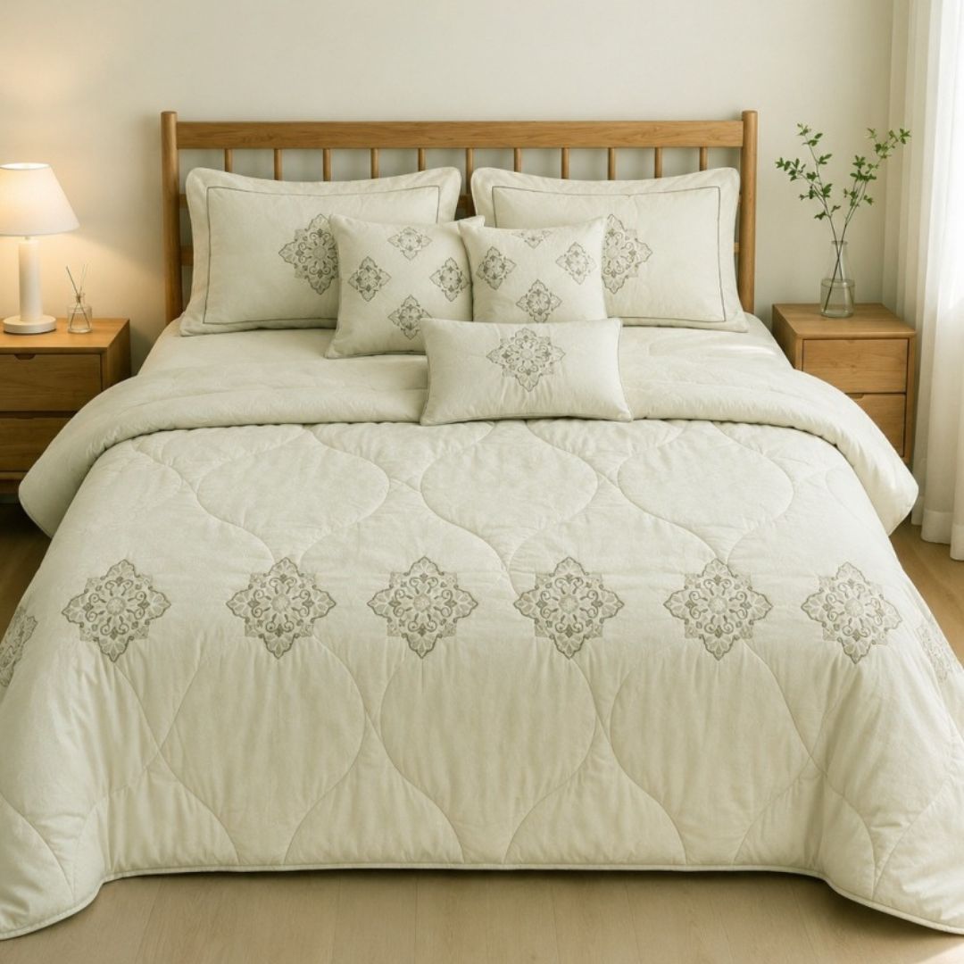 Embroidered Full 7 PCS Bedding Set with AC Comforter
