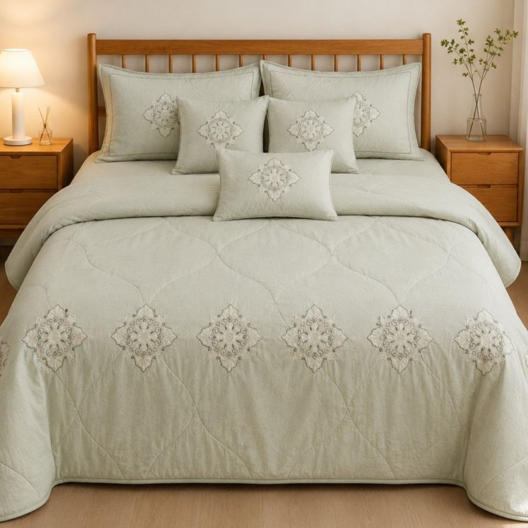 Embroidered Full 7 PCS Bedding Set with AC Comforter