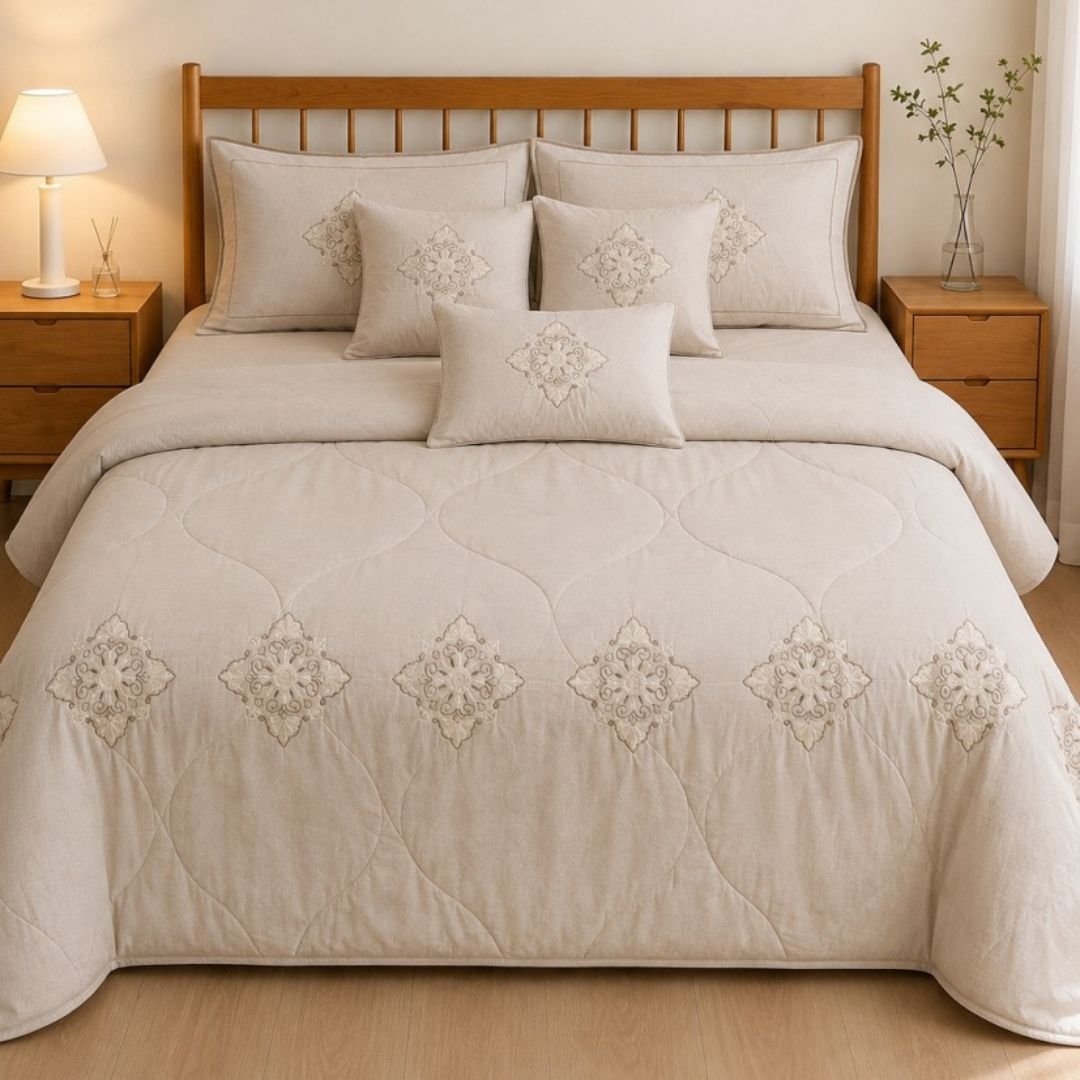 Embroidered Full 7 PCS Bedding Set with AC Comforter