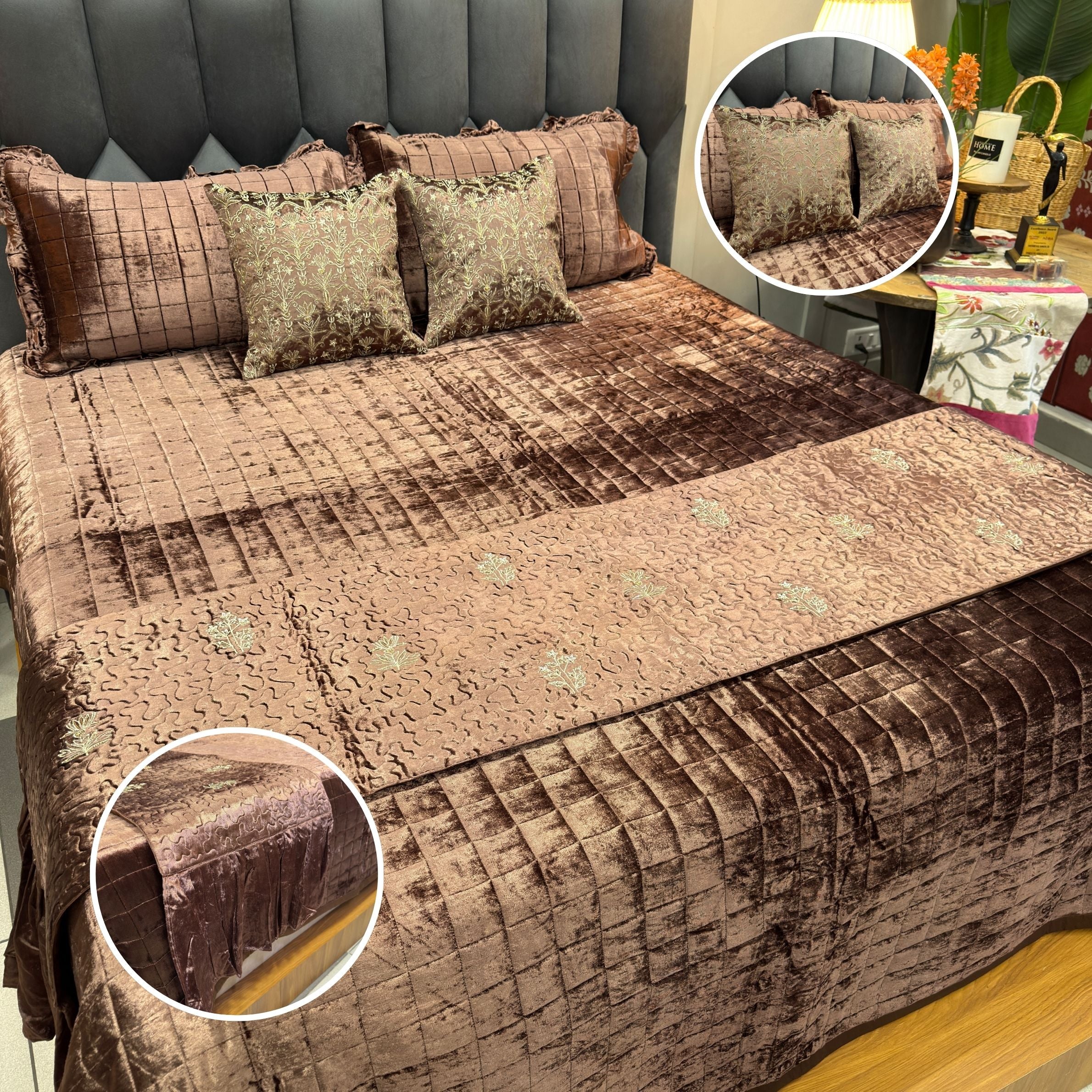 Noor-Rani Handcrafted Velvet Bedcover with Bed Runner – Premium Royal Collection