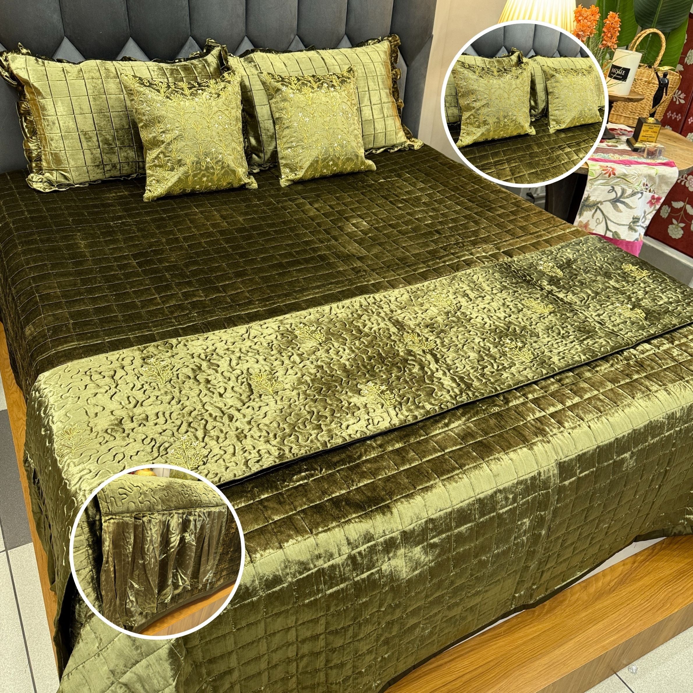 Noor-Rani Handcrafted Velvet Bedcover with Bed Runner – Premium Royal Collection