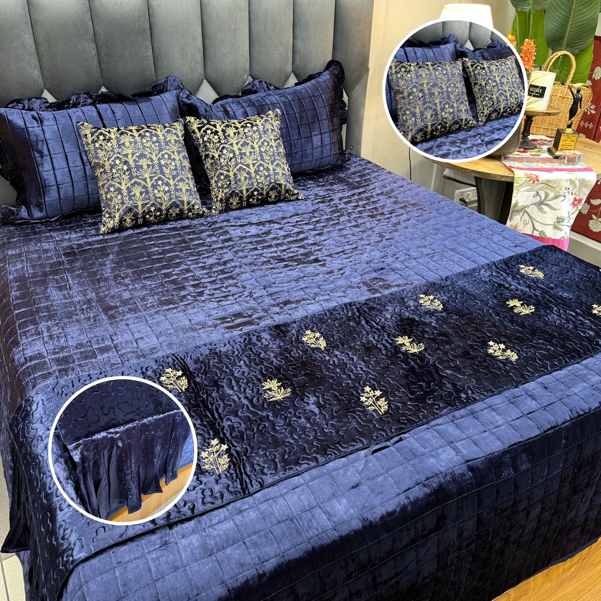 Noor-Rani Handcrafted Velvet Bedcover with Bed Runner – Premium Royal Collection