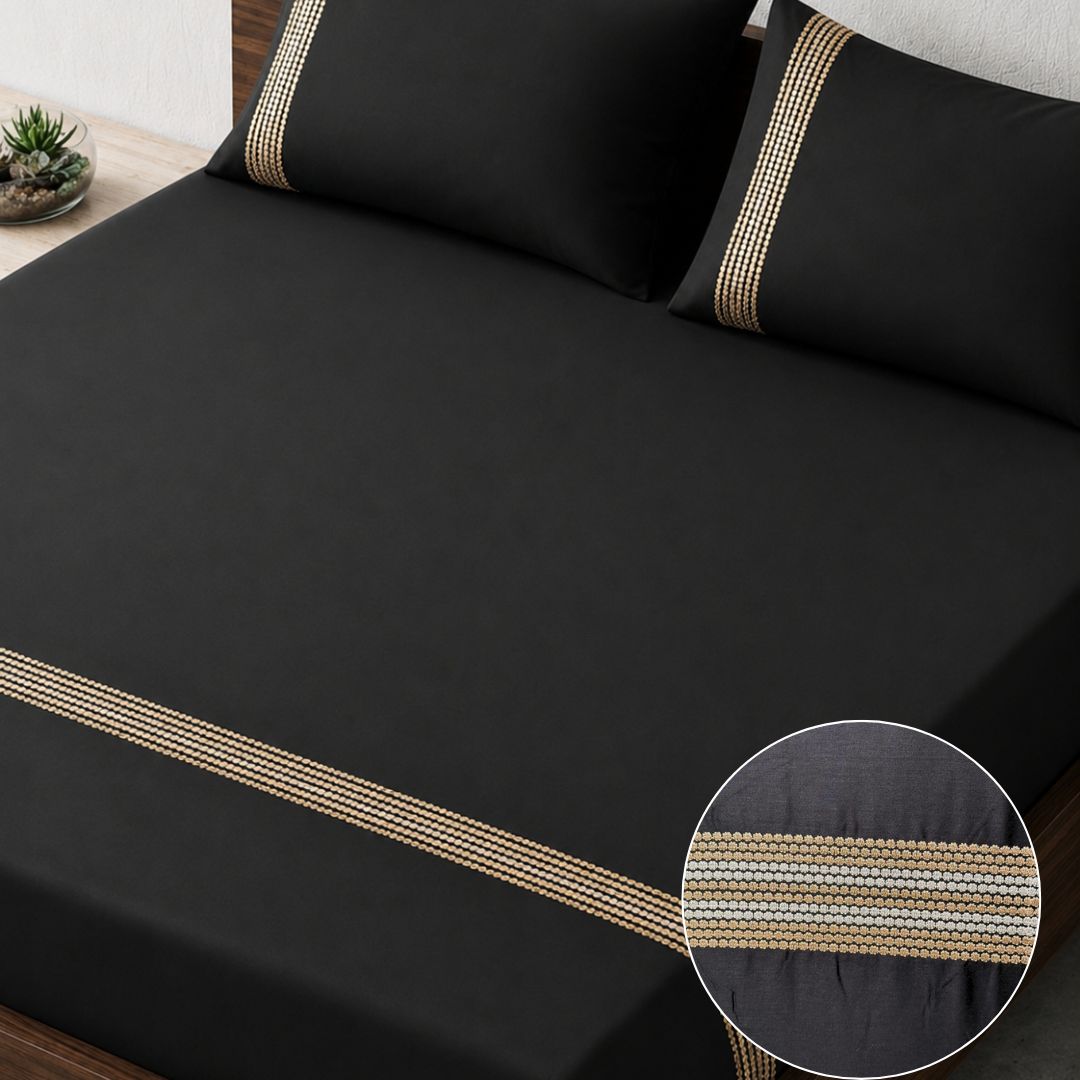 300TC Black & White Embroidered Bedsheet Set