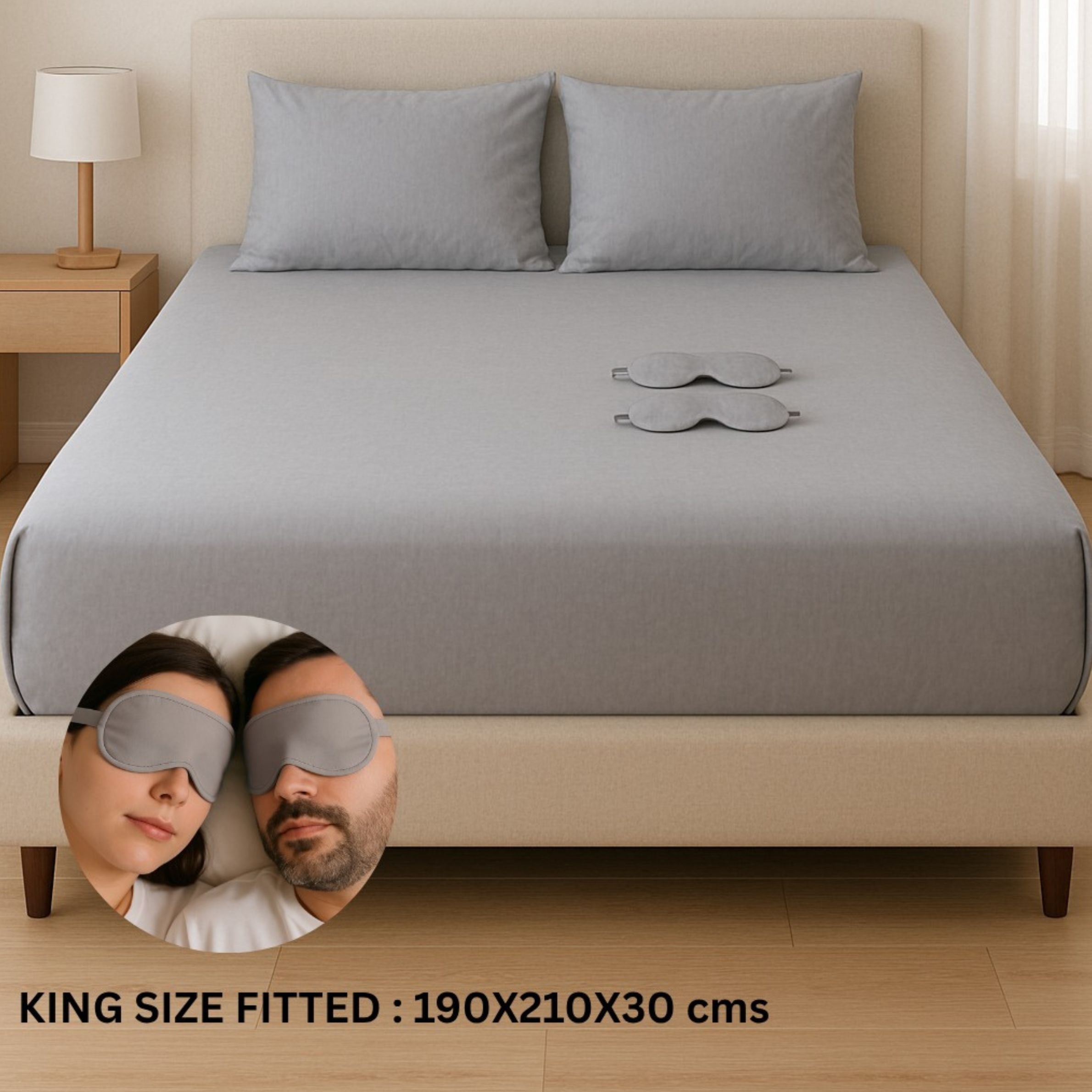 Solid Colour King Size Fitted Bedsheet Set with Eye Mask