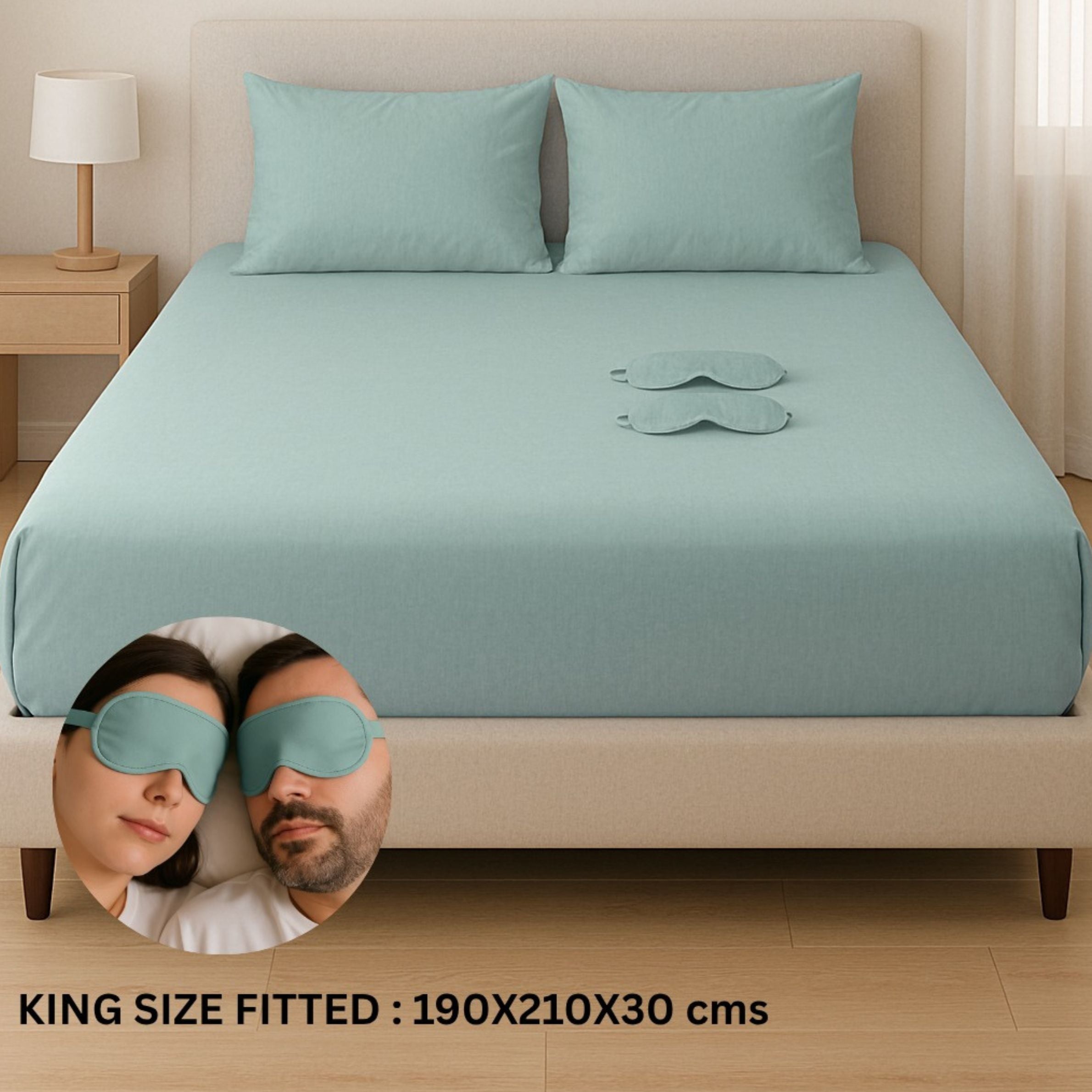 Solid Colour King Size Fitted Bedsheet Set with Eye Mask