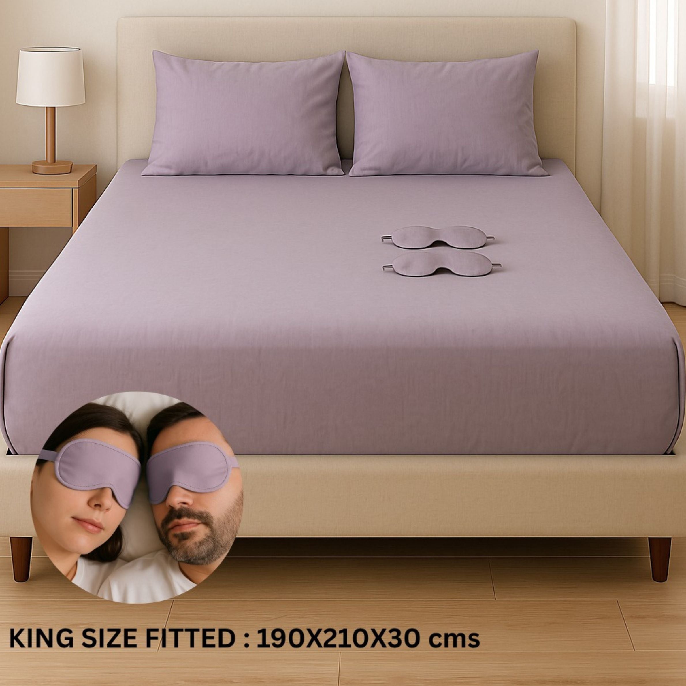 Solid Colour King Size Fitted Bedsheet Set with Eye Mask