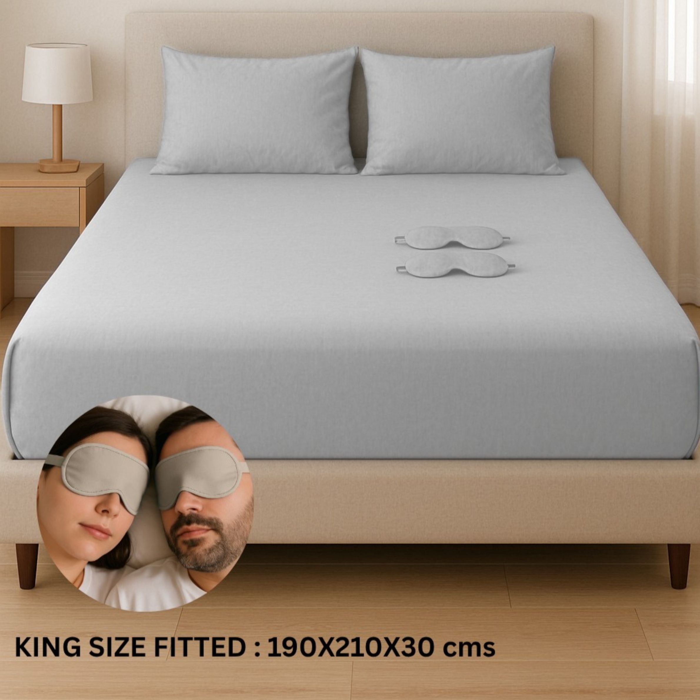 Solid Colour King Size Fitted Bedsheet Set with Eye Mask