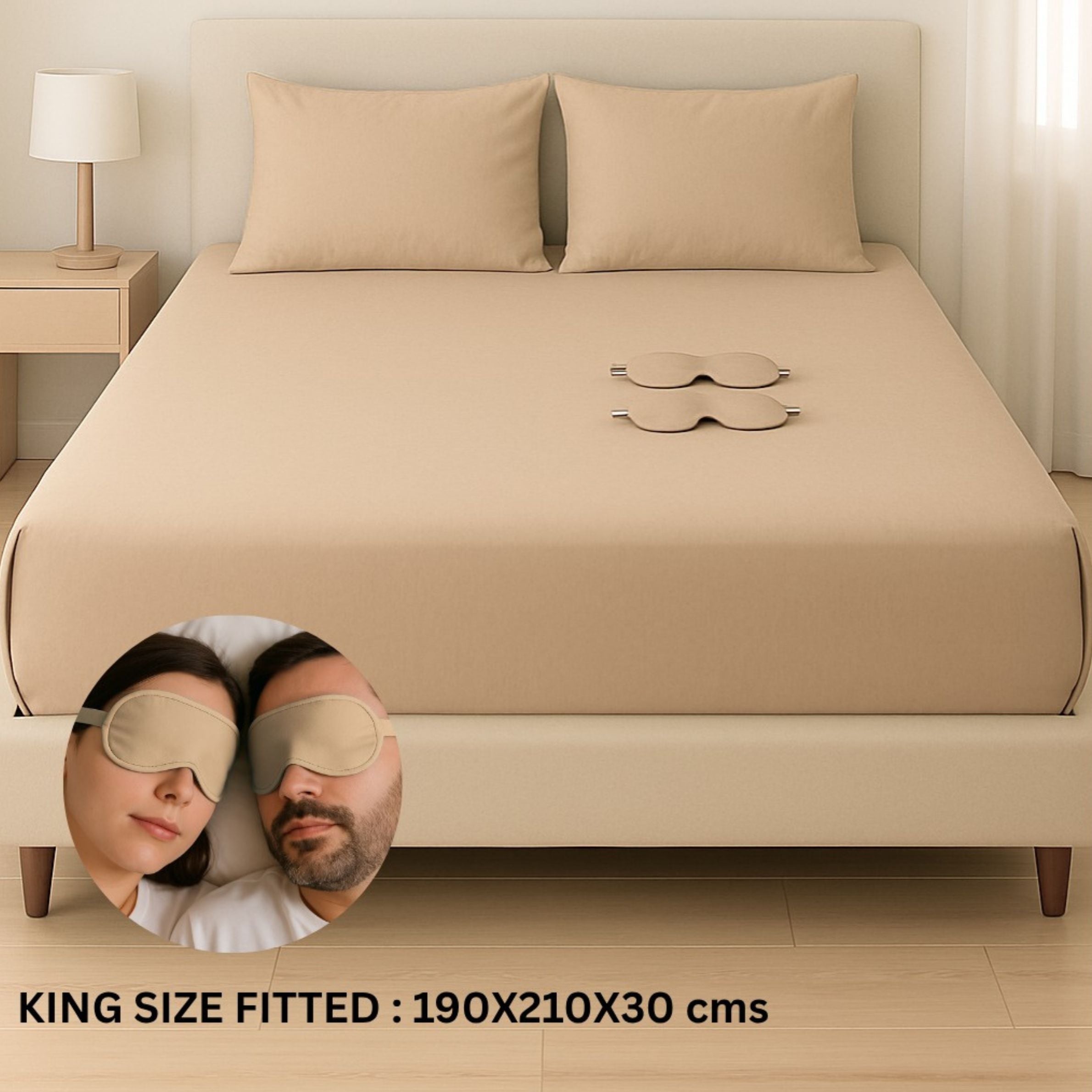 Solid Colour King Size Fitted Bedsheet Set with Eye Mask