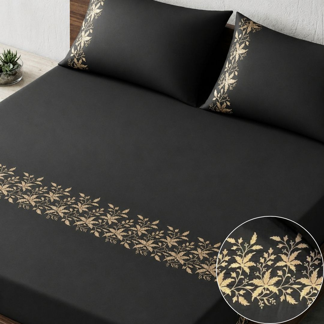 300TC Black & White Embroidered Bedsheet Set
