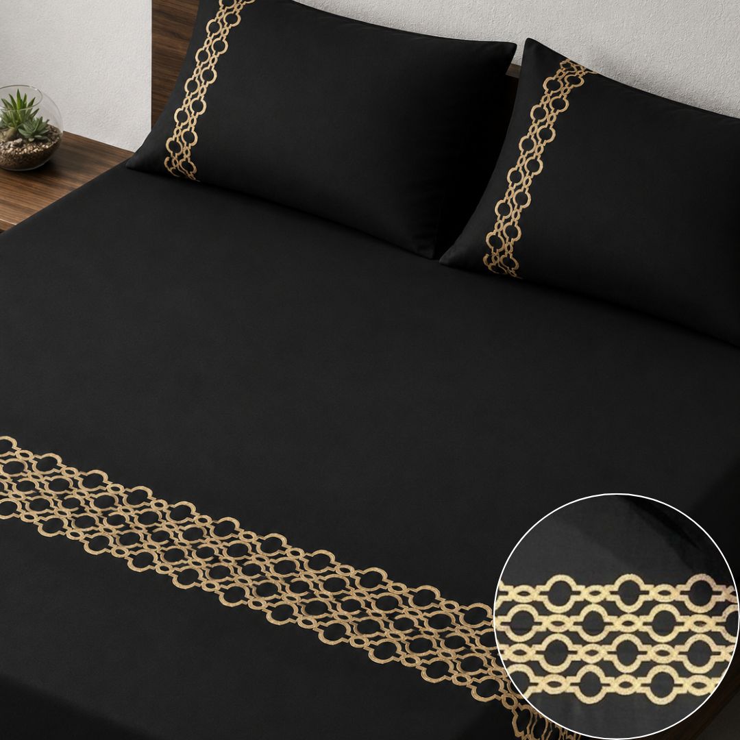 300TC Black & White Embroidered Bedsheet Set