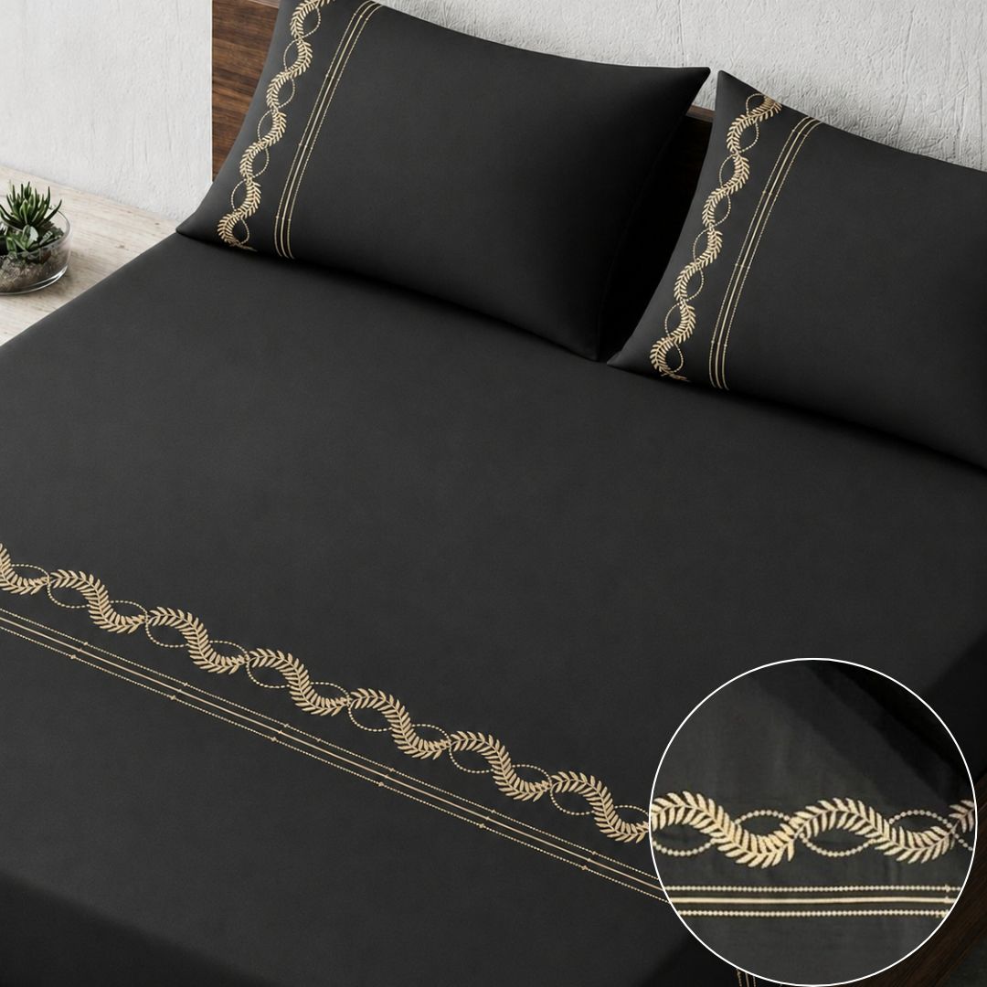 300TC Black & White Embroidered Bedsheet Set