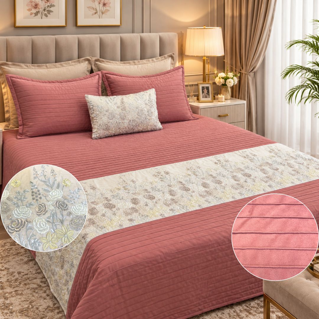 Handmade Bedcover 4 Pcs Luxury Set – Cotton Velvet with Hand Embroidery & Cutdana Work