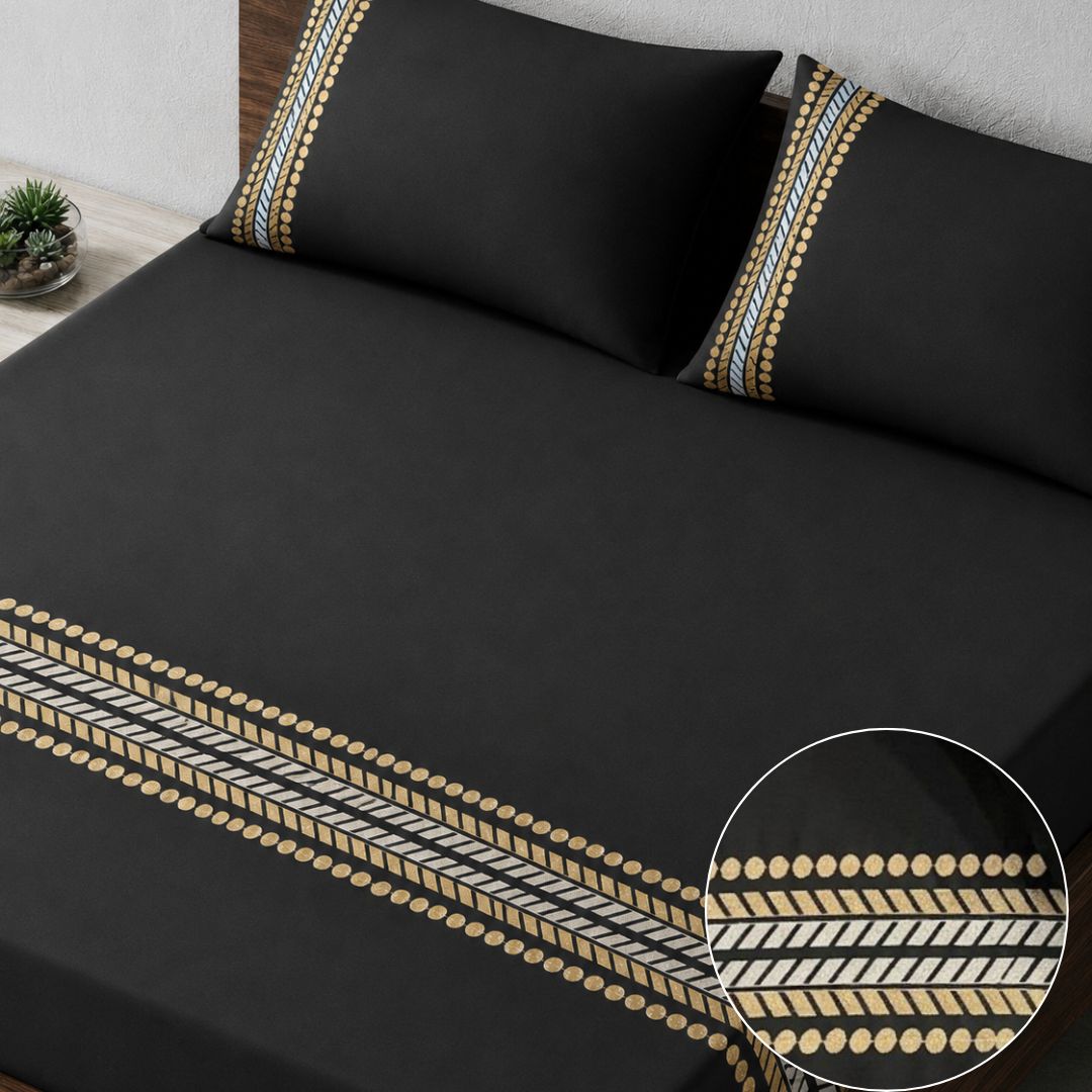 300TC Black & White Embroidered Bedsheet Set