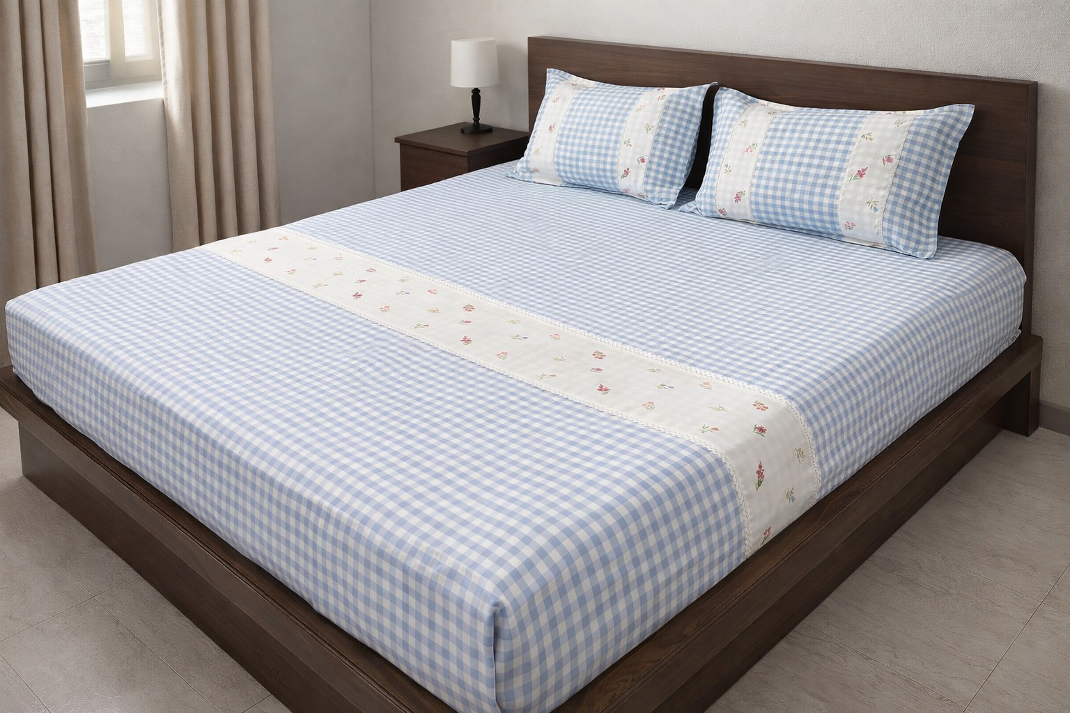 Gingham Check Embroidery Bedcover Set