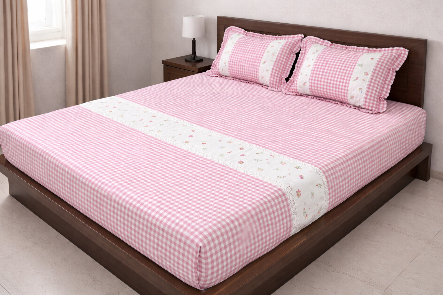 Gingham Check Embroidery Bedcover Set