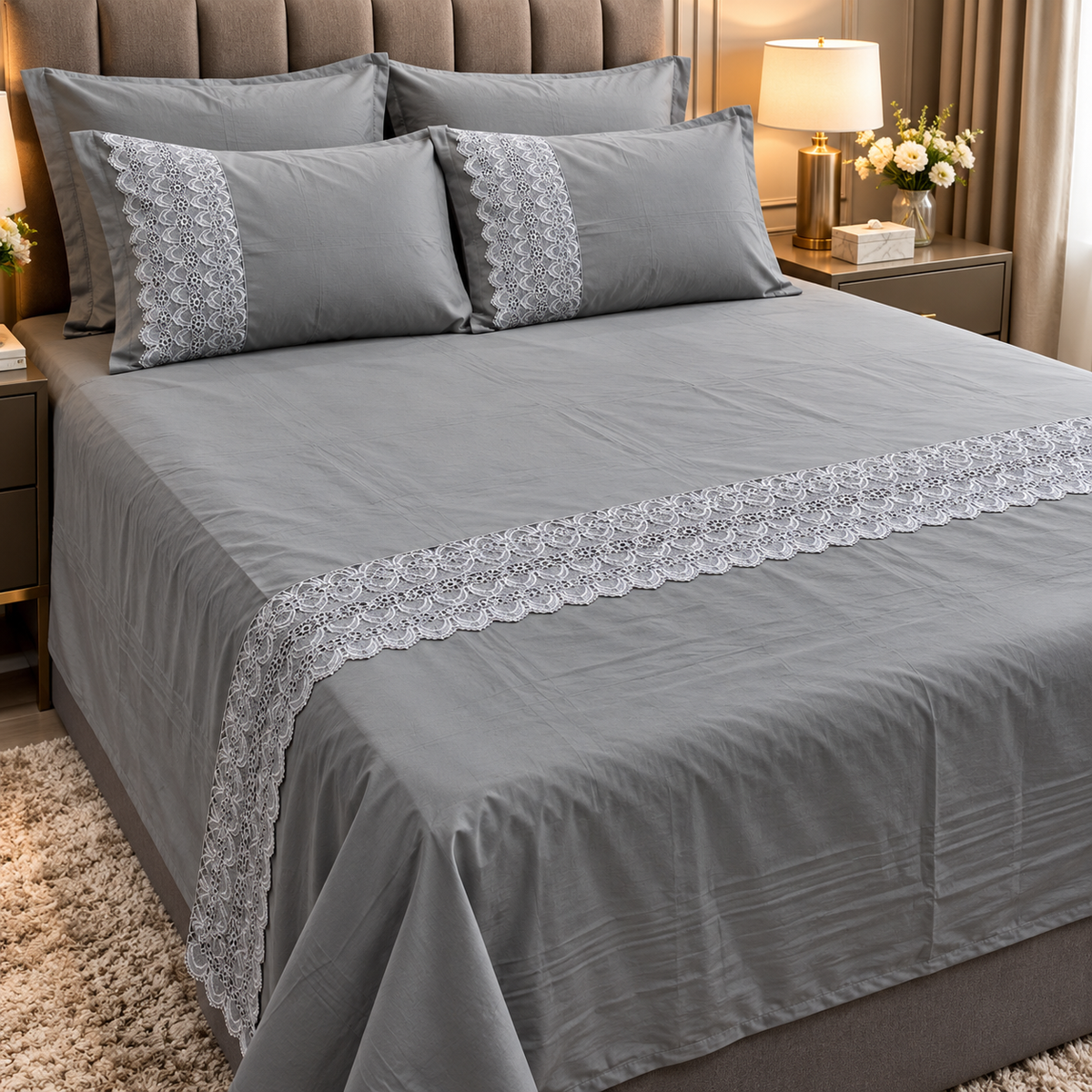 400 TC Pure Cotton Bedsheet with Premium Lace Embroidery