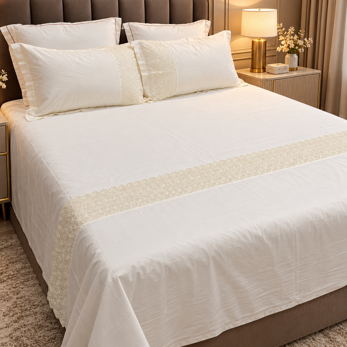 400 TC Pure Cotton Bedsheet with Premium Lace Embroidery