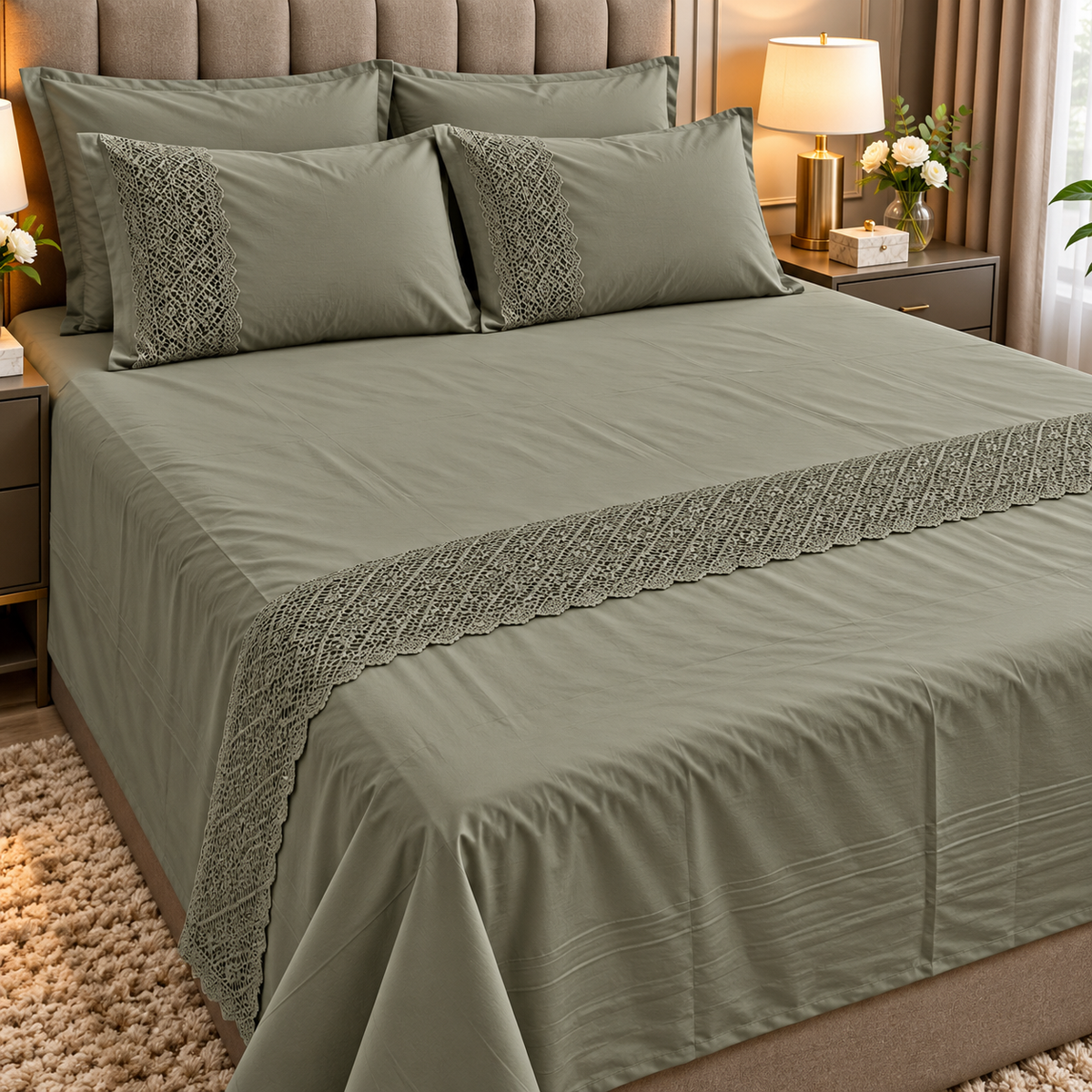400 TC Pure Cotton Bedsheet with Premium Lace Embroidery