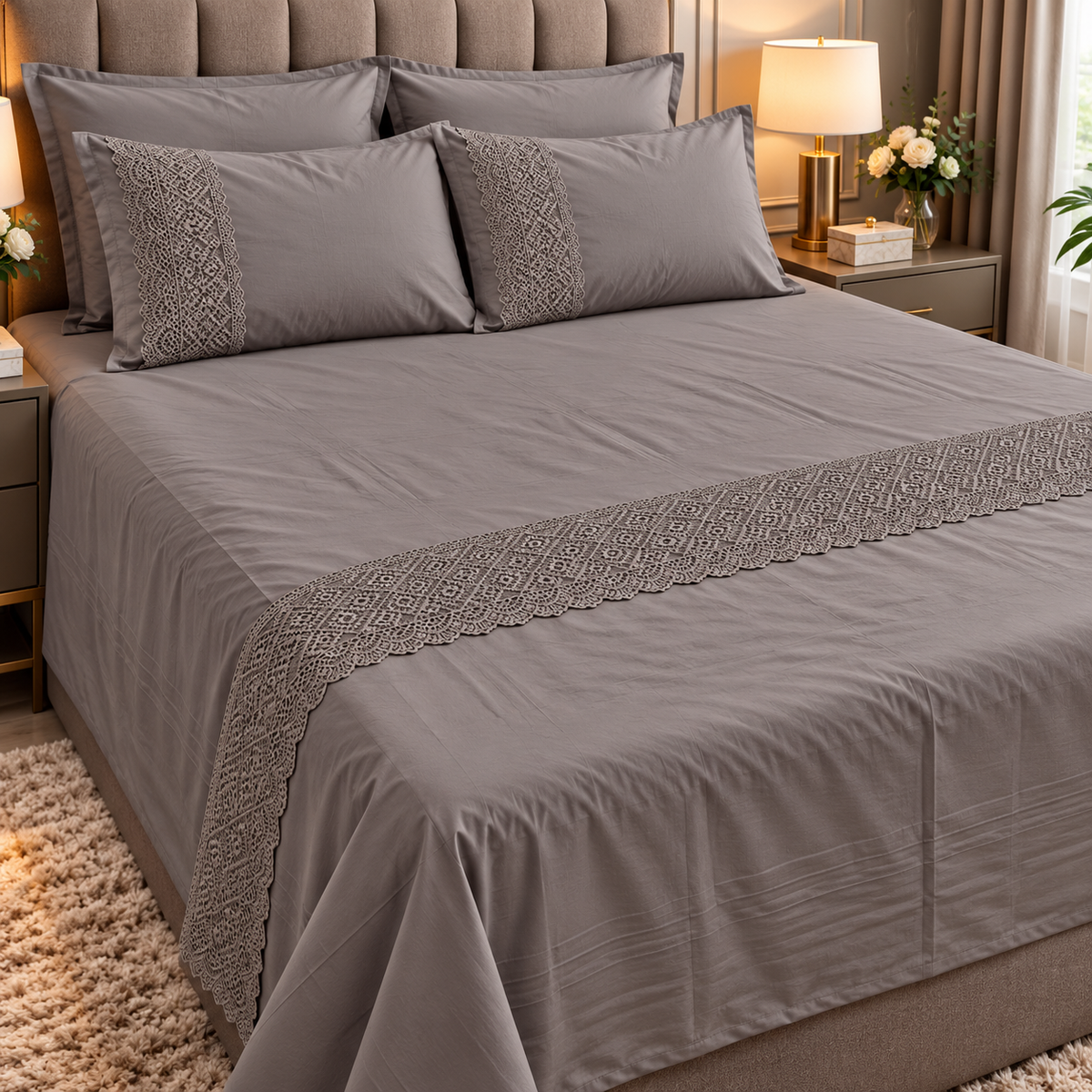 400 TC Pure Cotton Bedsheet with Premium Lace Embroidery