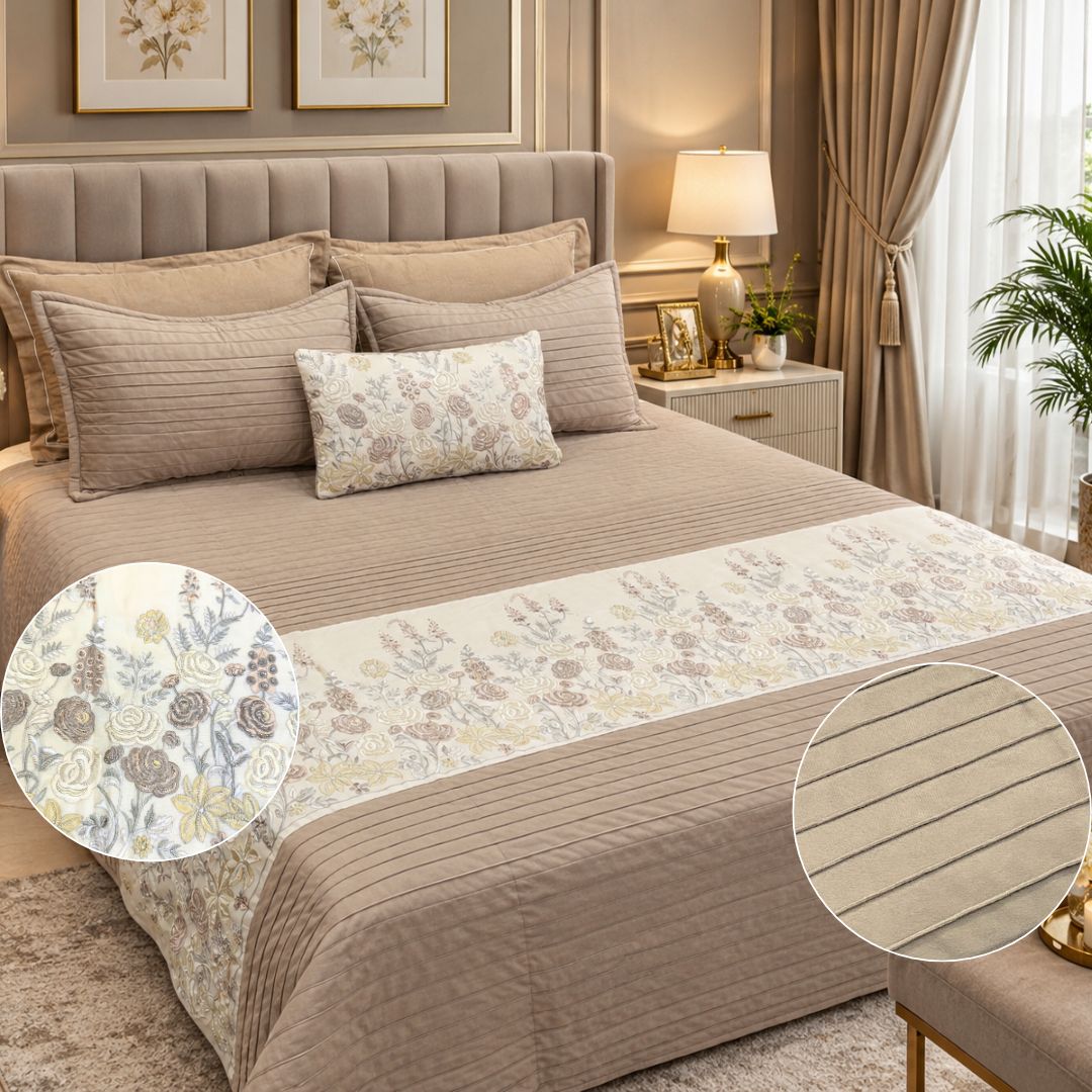 Handmade Bedcover 4 Pcs Luxury Set – Cotton Velvet with Hand Embroidery & Cutdana Work