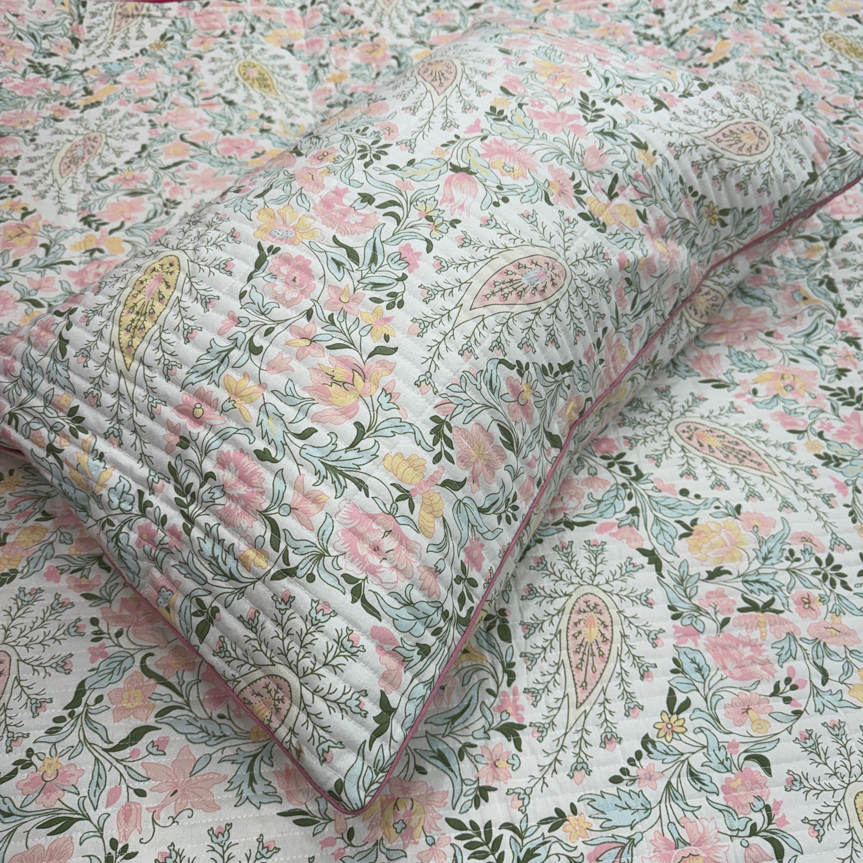 Handmade Quilted Vintage Floral Pure Cotton Bedcover Set