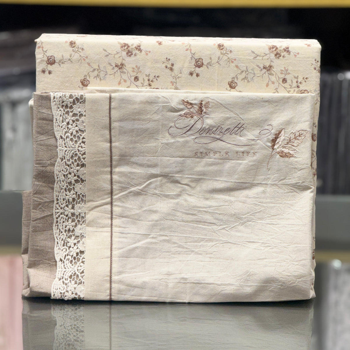 Earthy Tones Pure Linen Bedsheet Set with Crochet Lace & Embroidery