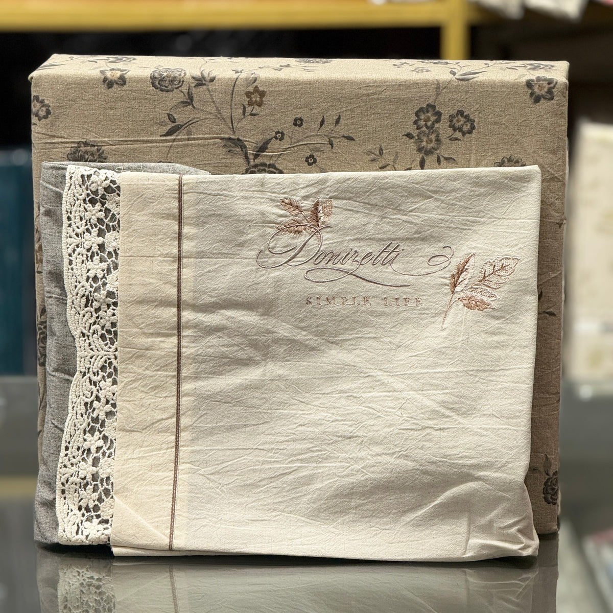 Earthy Tones Pure Linen Bedsheet Set with Crochet Lace & Embroidery