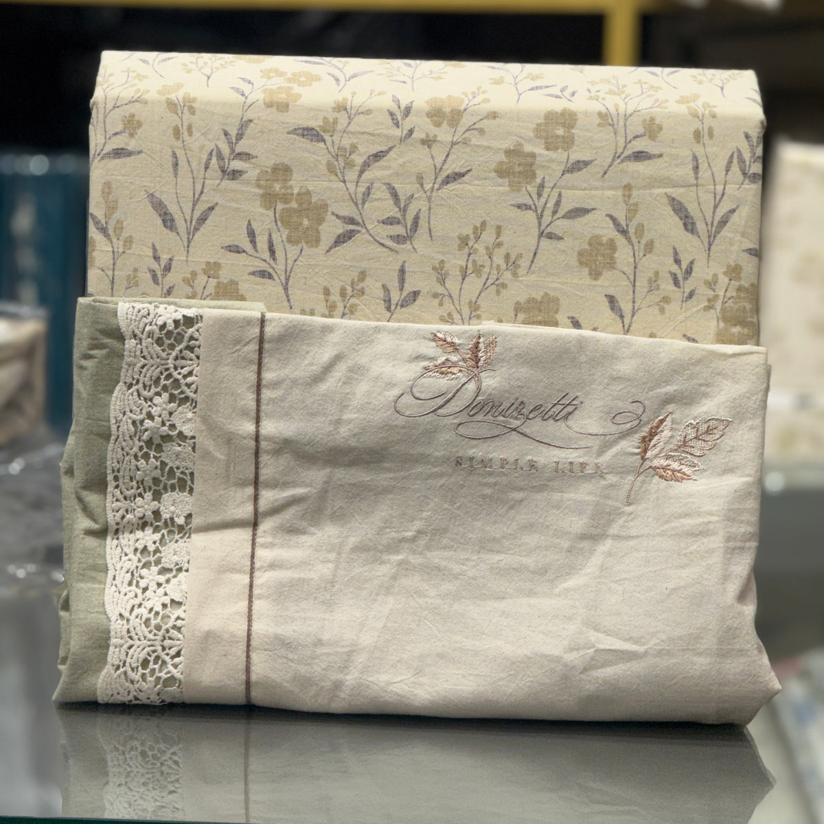 Earthy Tones Pure Linen Bedsheet Set with Crochet Lace & Embroidery