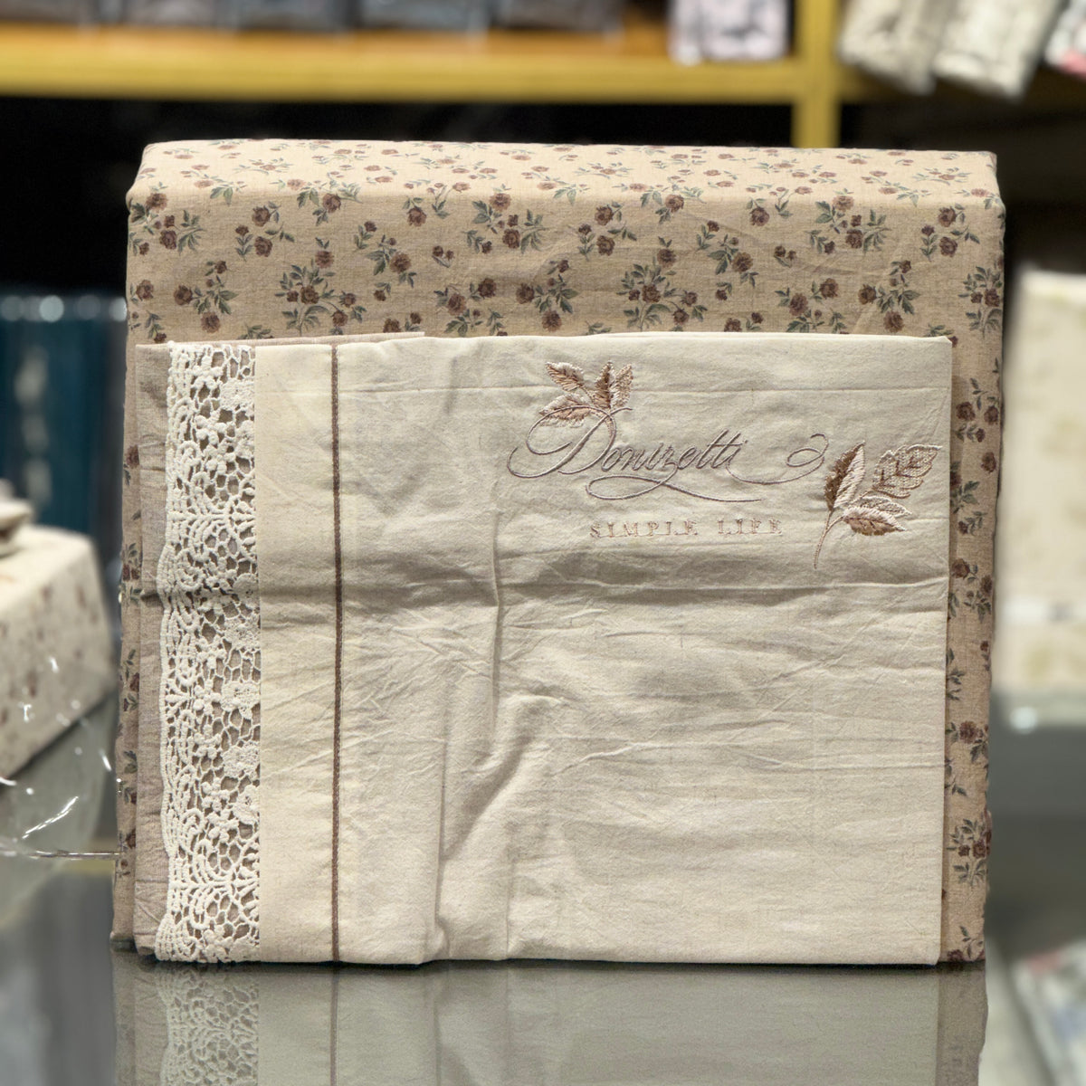 Earthy Tones Pure Linen Bedsheet Set with Crochet Lace & Embroidery