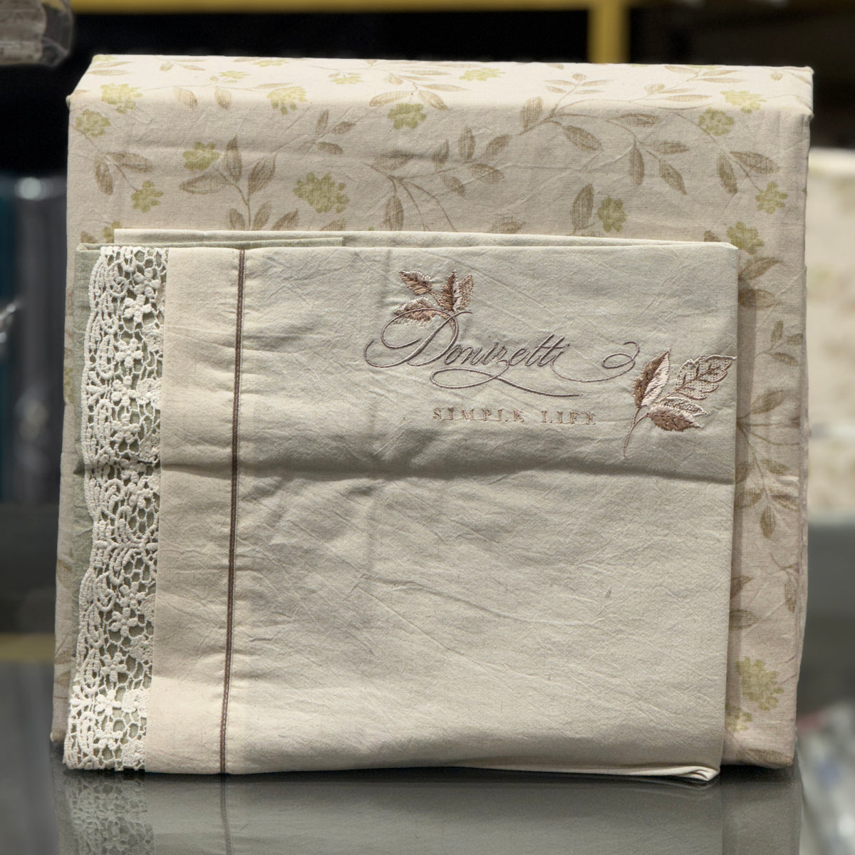 Earthy Tones Pure Linen Bedsheet Set with Crochet Lace & Embroidery