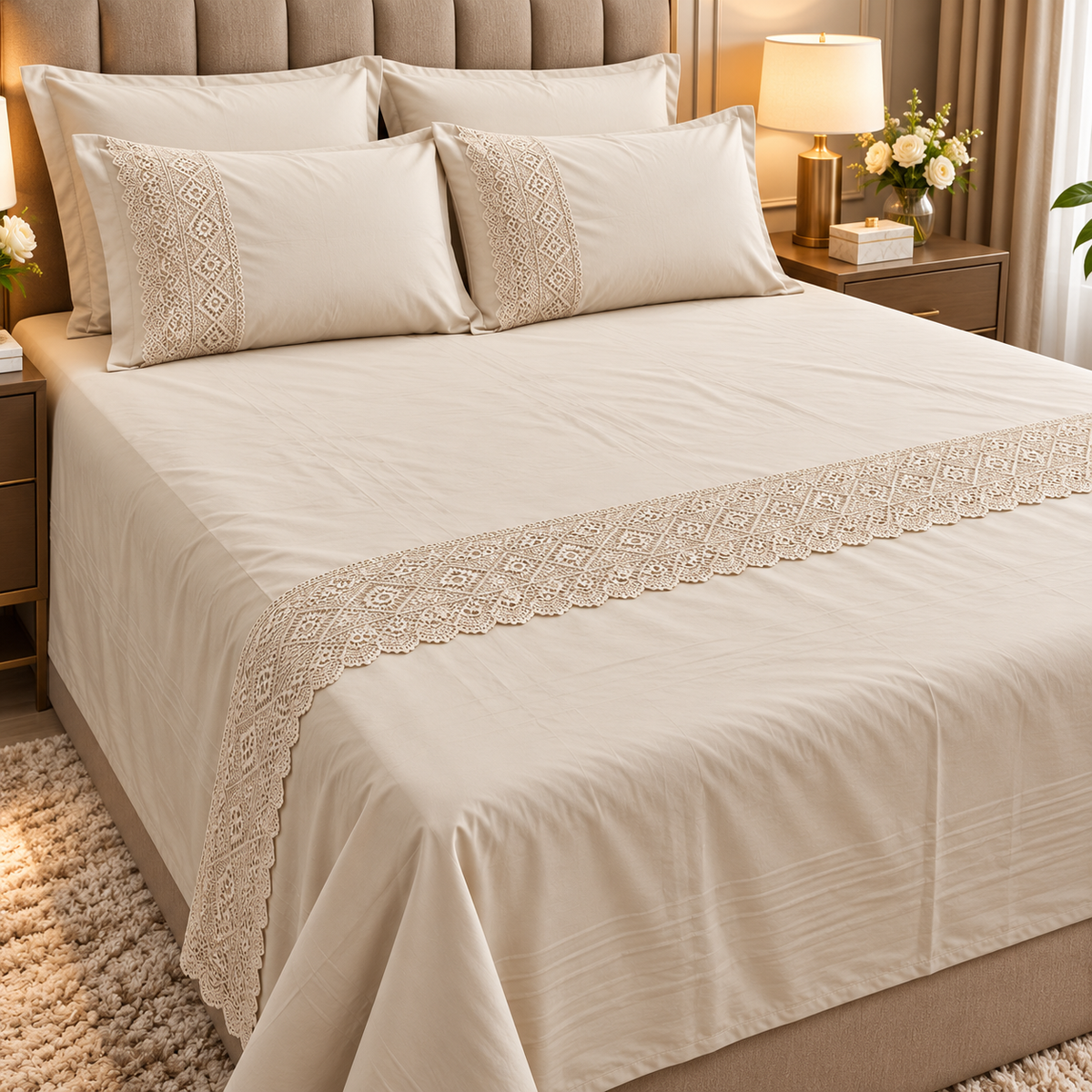 400 TC Pure Cotton Bedsheet with Premium Lace Embroidery