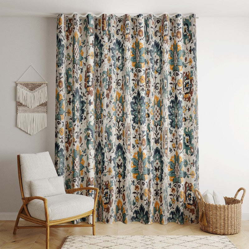  BILBERRY Furnishing 152.4 cm (5 ft) Cotton Semi Transparent Window Curtain (Pack Of 2) (Floral, Grey & Blue)