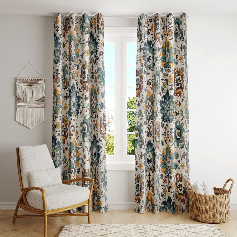  BILBERRY Furnishing 274.32 cm (9 ft) Cotton Semi Transparent Long Door Curtain (Pack Of 2) (Floral, Grey & Blue)