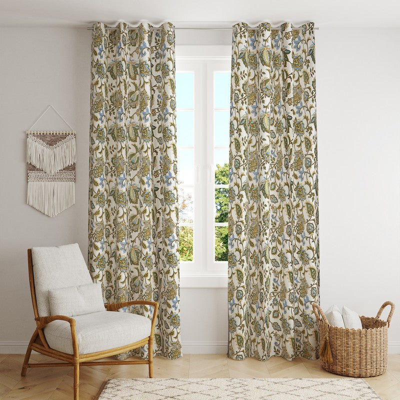  BILBERRY Furnishing 213.36 cm (7 ft) Cotton Semi Transparent Door Curtain (Pack Of 2) (Floral, Beige & Green)