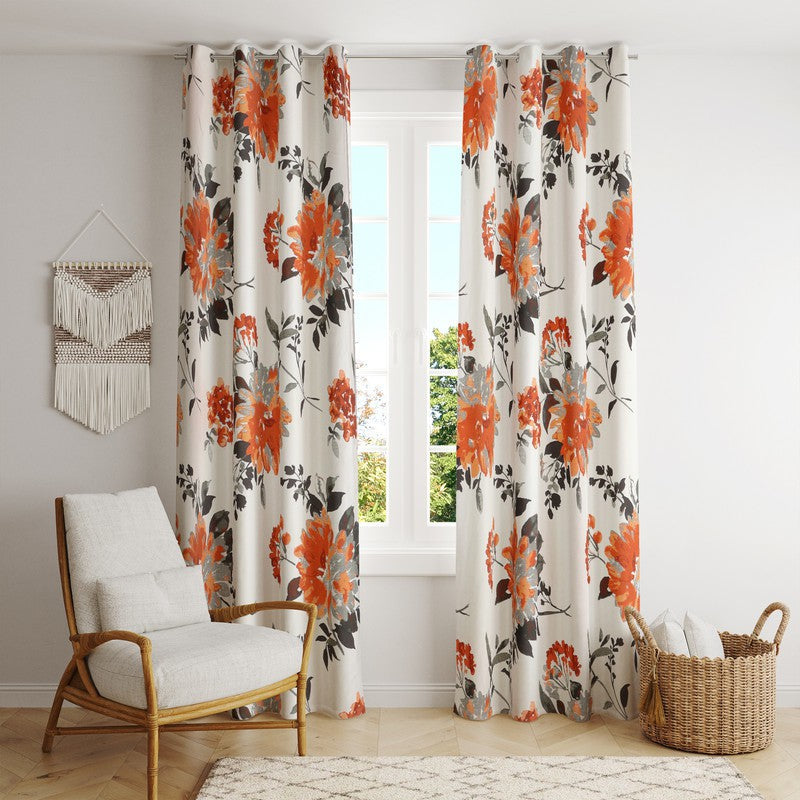  BILBERRY Furnishing 213.36 cm (7 ft) Cotton Semi Transparent Door Curtain Single Curtain (Floral, Orange & Grey)