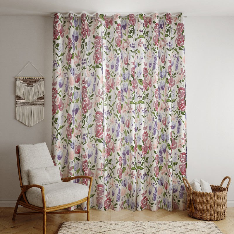  BILBERRY Furnishing 152.4 cm (5 ft) Cotton Semi Transparent Window Curtain Single Curtain (Floral, Voilet & Pink)