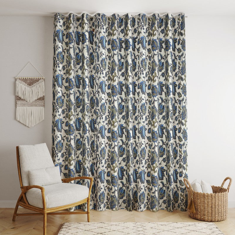  BILBERRY Furnishing 213.36 cm (7 ft) Cotton Semi Transparent Door Curtain (Pack Of 2) (Floral, Blue)