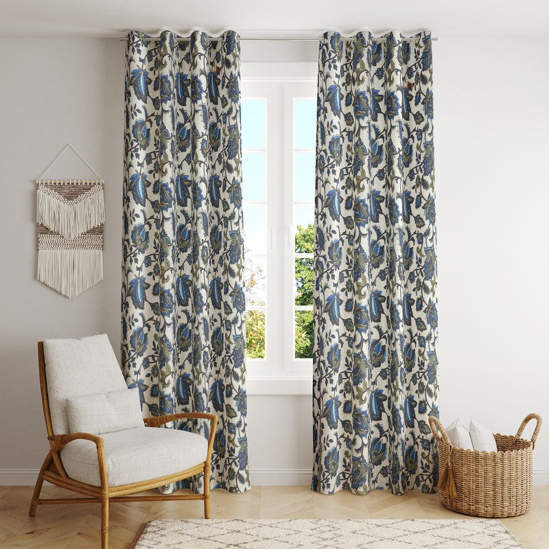  BILBERRY Furnishing 213.36 cm (7 ft) Cotton Semi Transparent Door Curtain (Pack Of 2) (Floral, Blue)