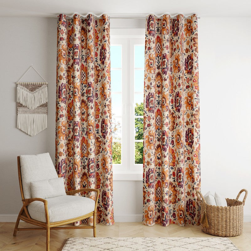  BILBERRY Furnishing 274.32 cm (9 ft) Cotton Semi Transparent Long Door Curtain (Pack Of 2) (Floral, Beige & Orange)