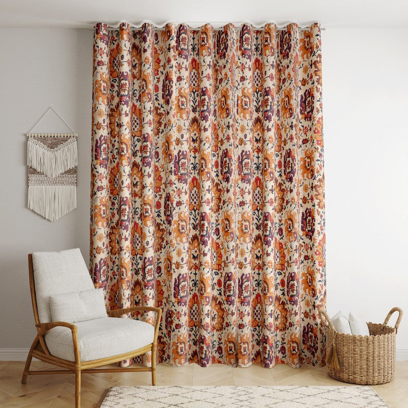  BILBERRY Furnishing 274.32 cm (9 ft) Cotton Semi Transparent Long Door Curtain (Pack Of 2) (Floral, Beige & Orange)