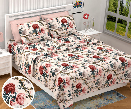 BILBERRY Furnishing By Preeti Grover 180 TC Cotton King Floral Flat Bedsheet (Pack of 1, White, Red, Green)