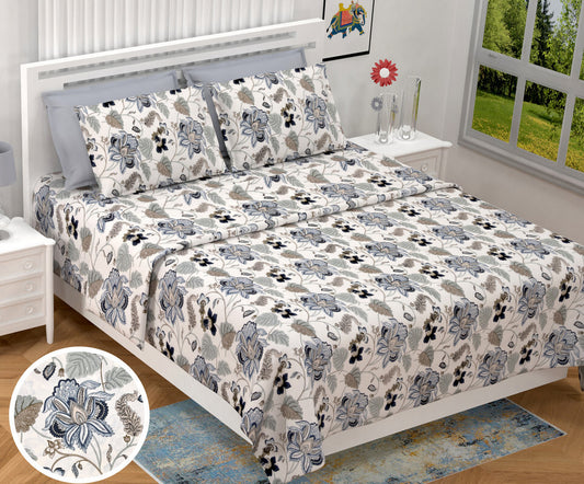 BILBERRY Furnishing By Preeti Grover 180 TC Cotton King Floral Flat Bedsheet (Pack of 1, White, Blue, Beige)