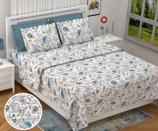 BILBERRY Furnishing By Preeti Grover 180 TC Cotton King Floral Flat Bedsheet (Pack of 1, White, Blue, Green)