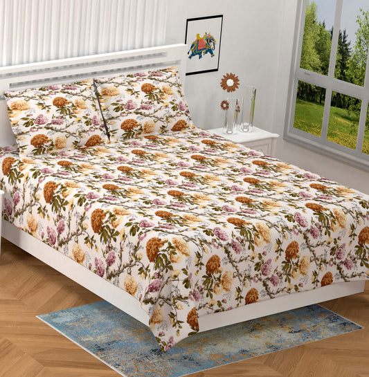 BILBERRY Furnishing By Preeti Grover 180 TC Cotton King Floral Flat Bedsheet (Pack of 1, White, Yellow, Pink)