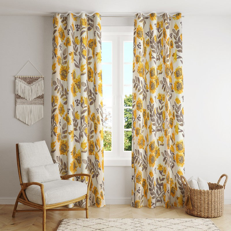  BILBERRY Furnishing 152.4 cm (5 ft) Cotton Semi Transparent Window Curtain (Pack Of 2) (Printed, Yellow & Grey)