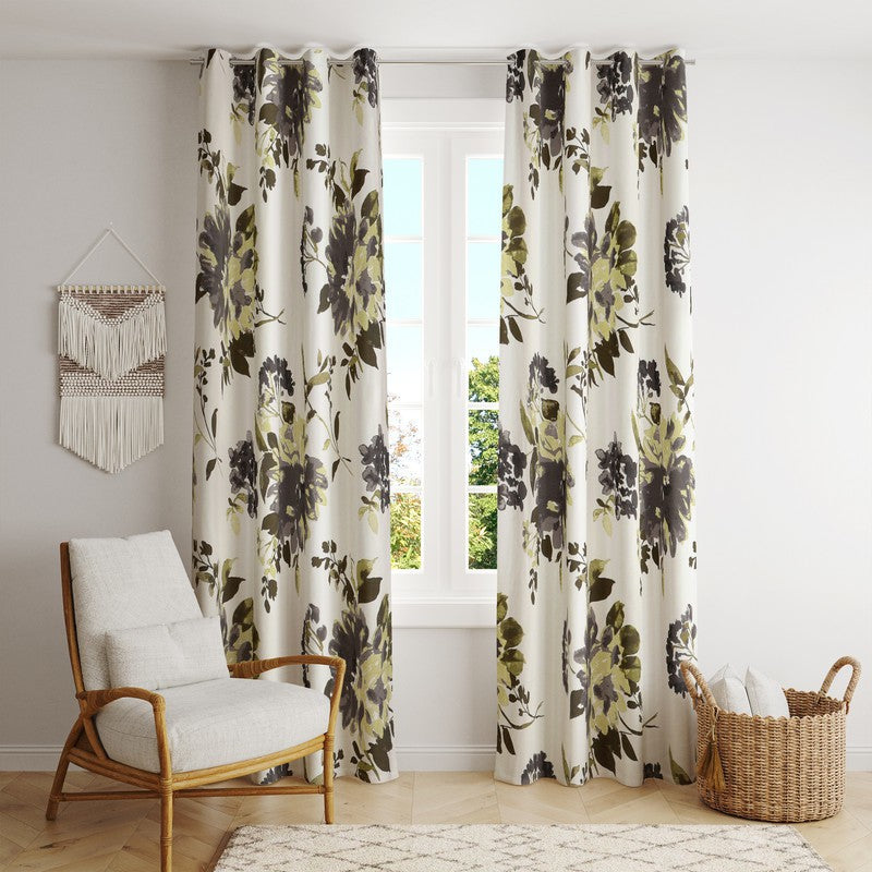  BILBERRY Furnishing 213.36 cm (7 ft) Cotton Semi Transparent Door Curtain (Pack Of 2) (Printed, Grey & Green)