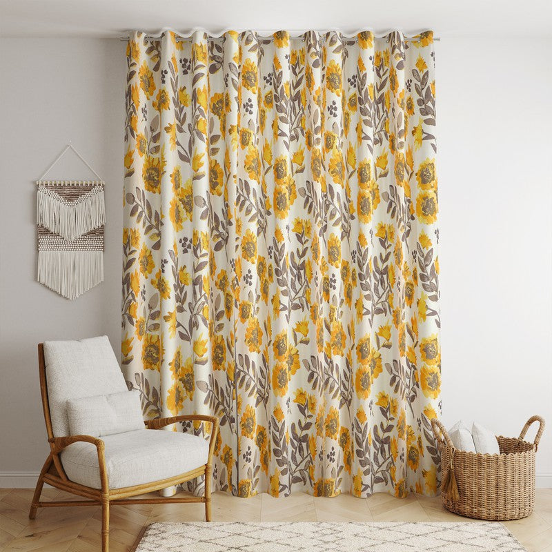  BILBERRY Furnishing 152.4 cm (5 ft) Cotton Semi Transparent Window Curtain (Pack Of 2) (Printed, Yellow & Grey)